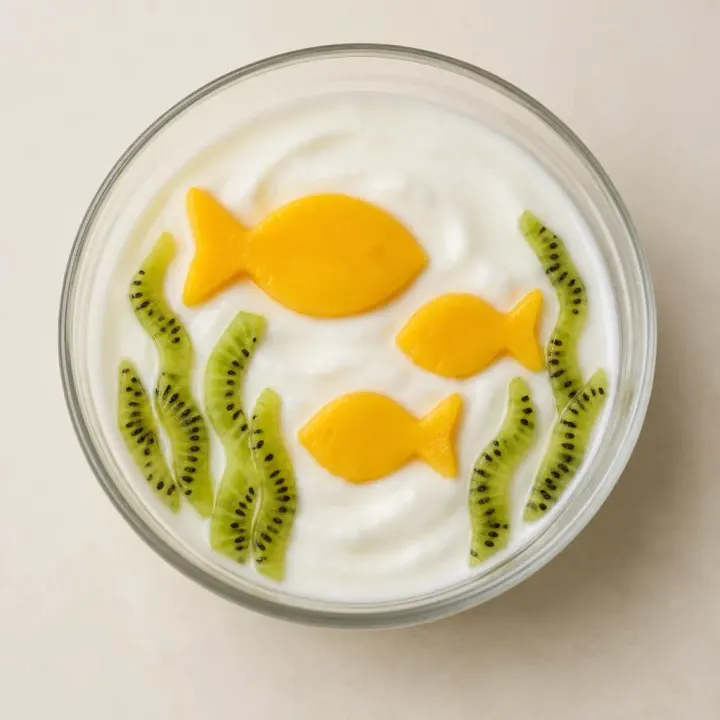 Aquarium bowl: fish-shaped fruit in yogurt